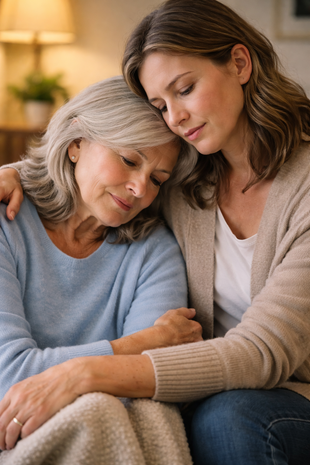 Daughter comforting mother