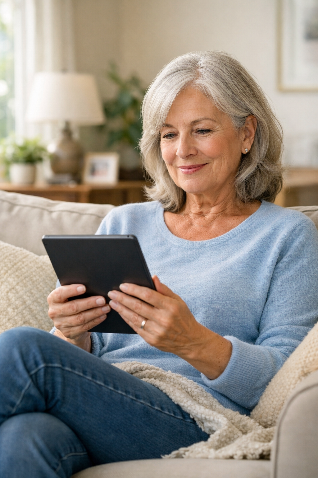 Senior patient using tablet at home